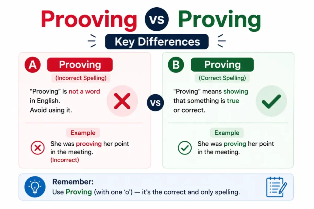 Minimalist educational grammar illustration highlighting Prooving vs Proving key differences with clean, SEO-friendly comparison design.