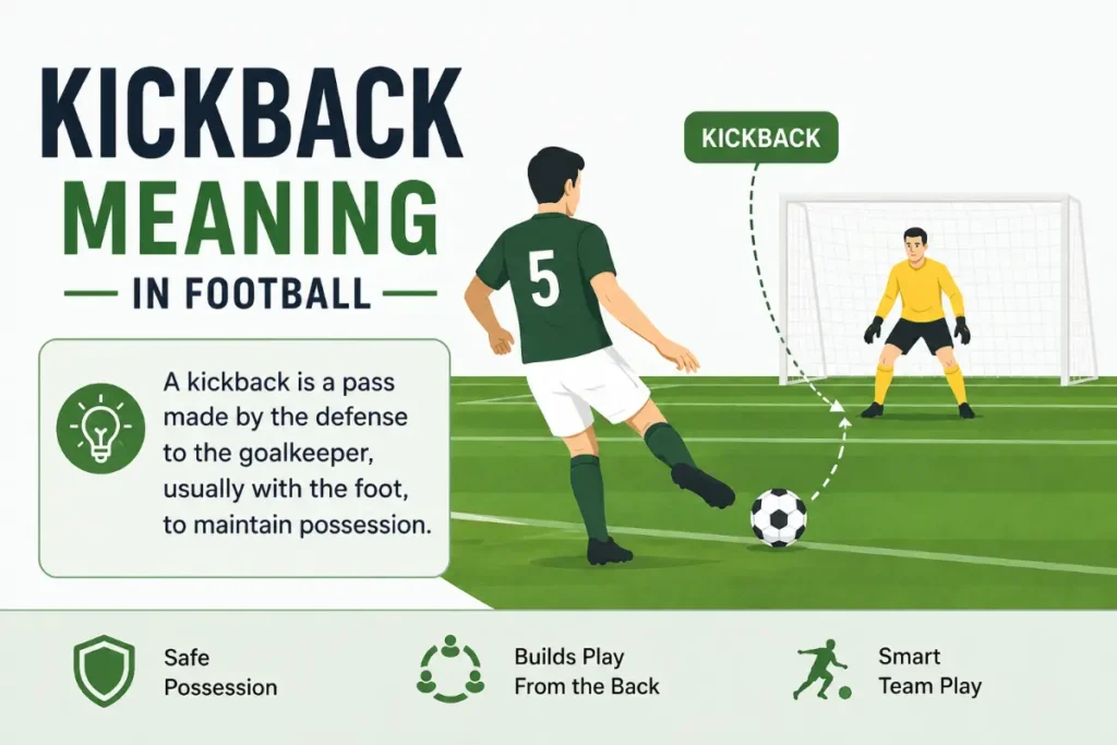 Kickback Meaning in football explained with a simple illustration of a defender passing the ball to the goalkeeper.