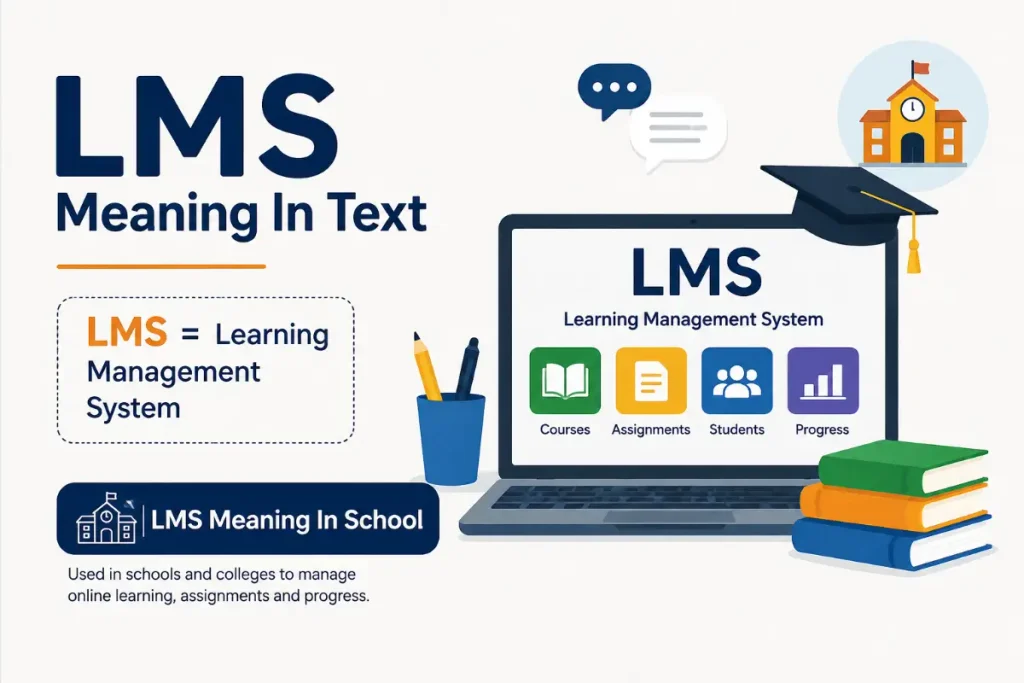 LMS Meaning In Text explained as Learning Management System for online school learning and assignments.