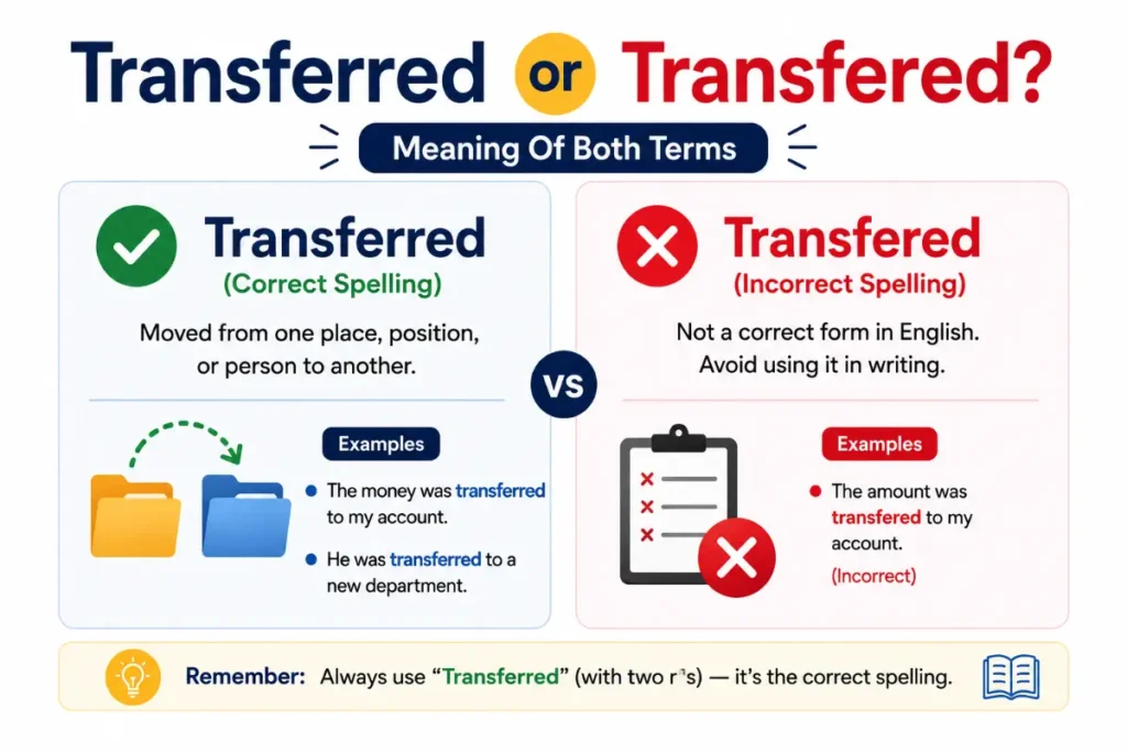 Transferred or Transfered meaning of both terms with a clean grammar guide highlighting the correct spelling.