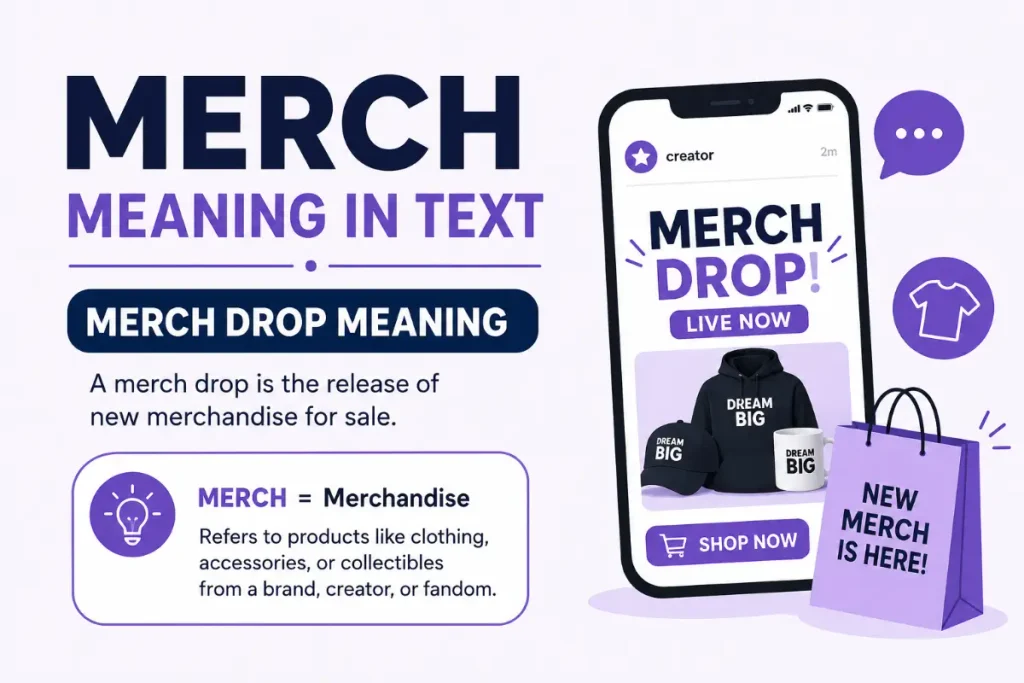 Merch Meaning In Text explained with a clear visual showing merchandise and a merch drop.
