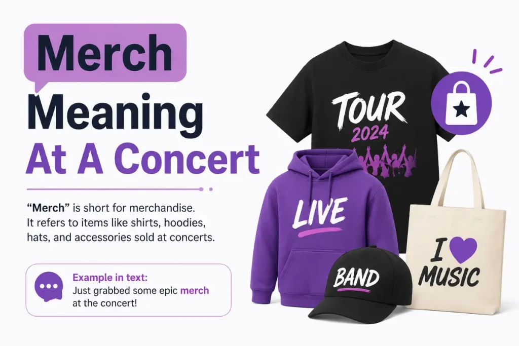 Merch Meaning In Text: “Merch” means merchandise, especially items sold at a concert.
