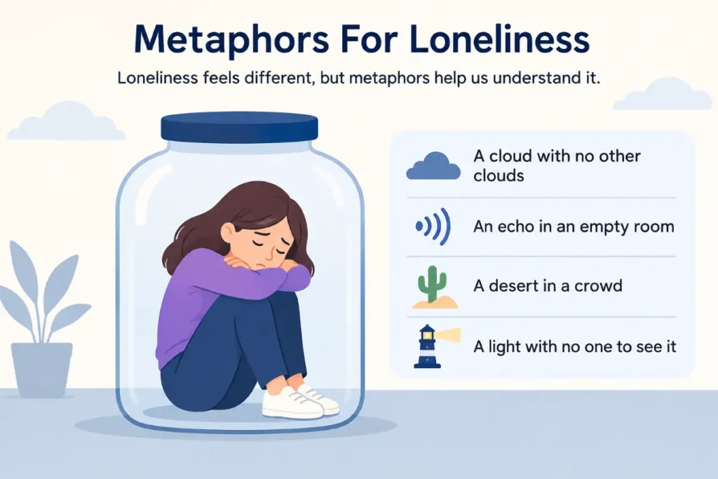 Metaphor for Sadness illustrated through simple visual examples of loneliness and isolation.