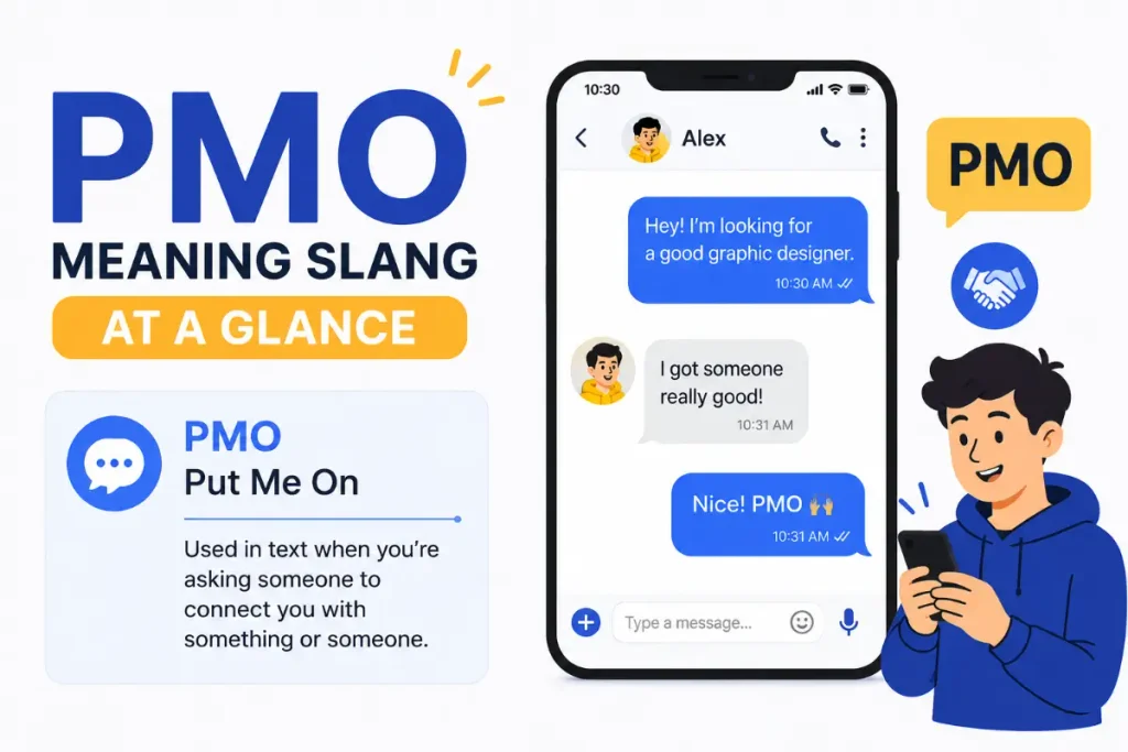 PMO slang meaning displayed on a smartphone chat, showing βPut Me Onβ in text messaging.