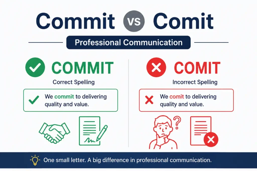 Commit vs Comit: Professional Communication guide showing the correct spelling "commit" versus the incorrect "comit".