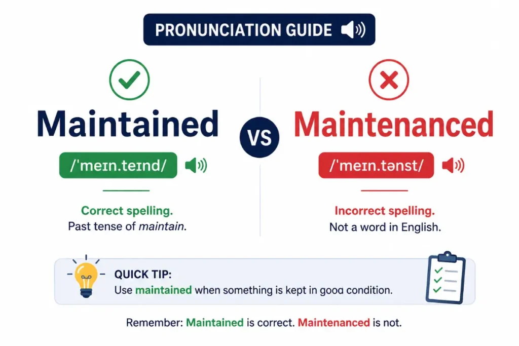 Maintained vs Maintenanced pronunciation guide with a clean grammar comparison and minimalist educational design.