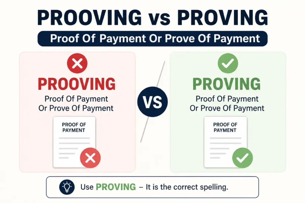 Prooving vs Proving grammar comparison showing the correct spelling with Proof Of Payment Or Prove Of Payment examples.