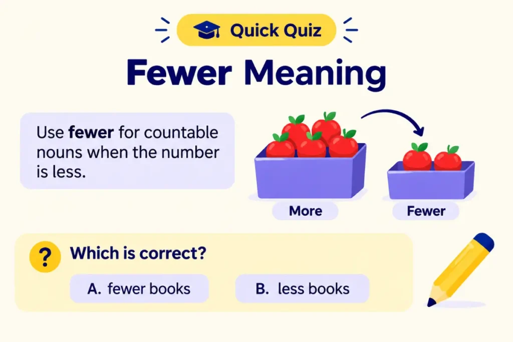 Fewer Meaning explained with a quick quiz on using fewer with countable nouns.