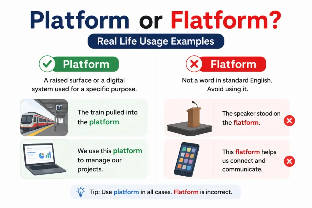 Platform or Flatform: real-life usage examples showing why “platform” is correct and “flatform” is incorrect.