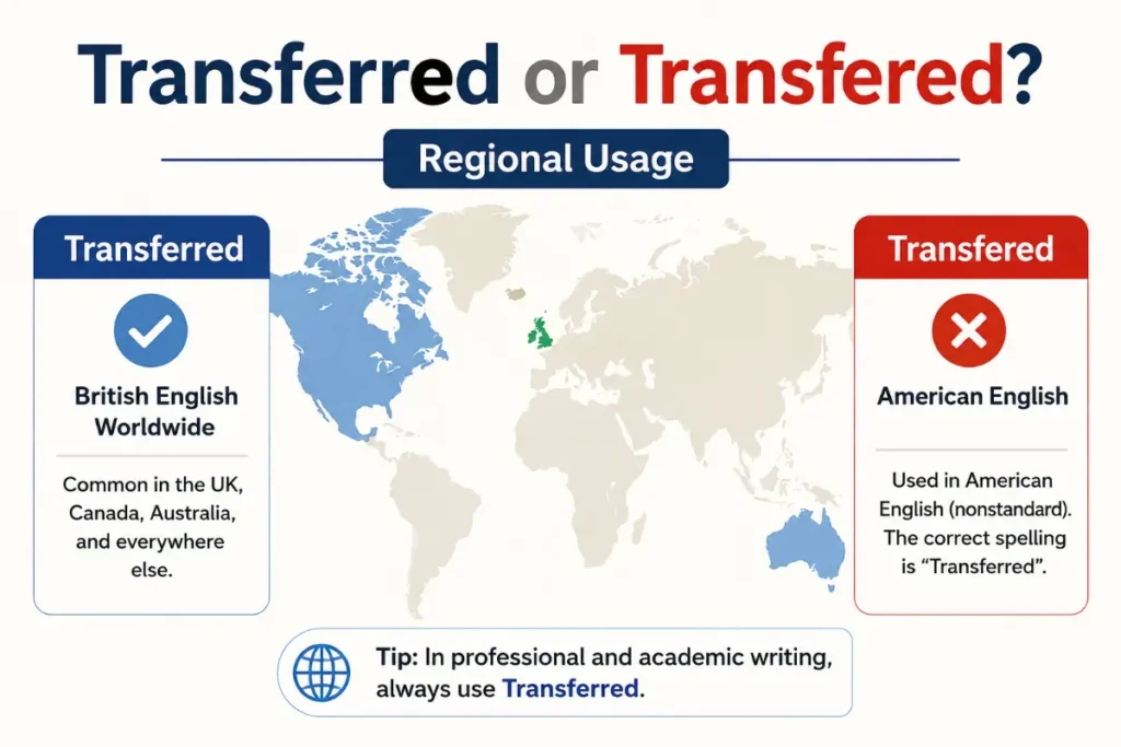 Transferred or Transfered grammar comparison showing Regional Usage and the correct spelling: Transferred.