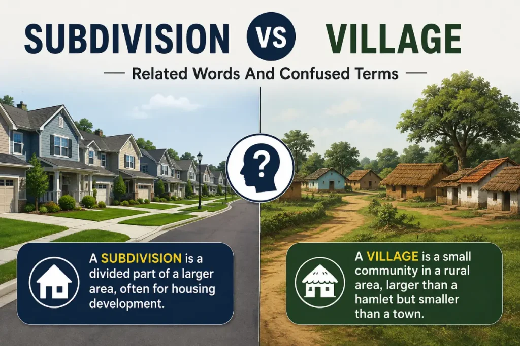 Subdivision vs Village: a clear visual comparison of two related words and confused terms in grammar and usage.