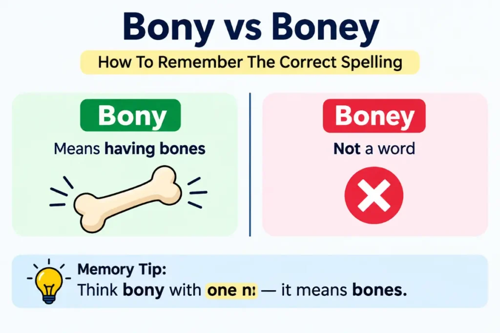 Bony vs Boney grammar guide showing how to remember the correct spelling with a simple visual comparison and memory tip.
