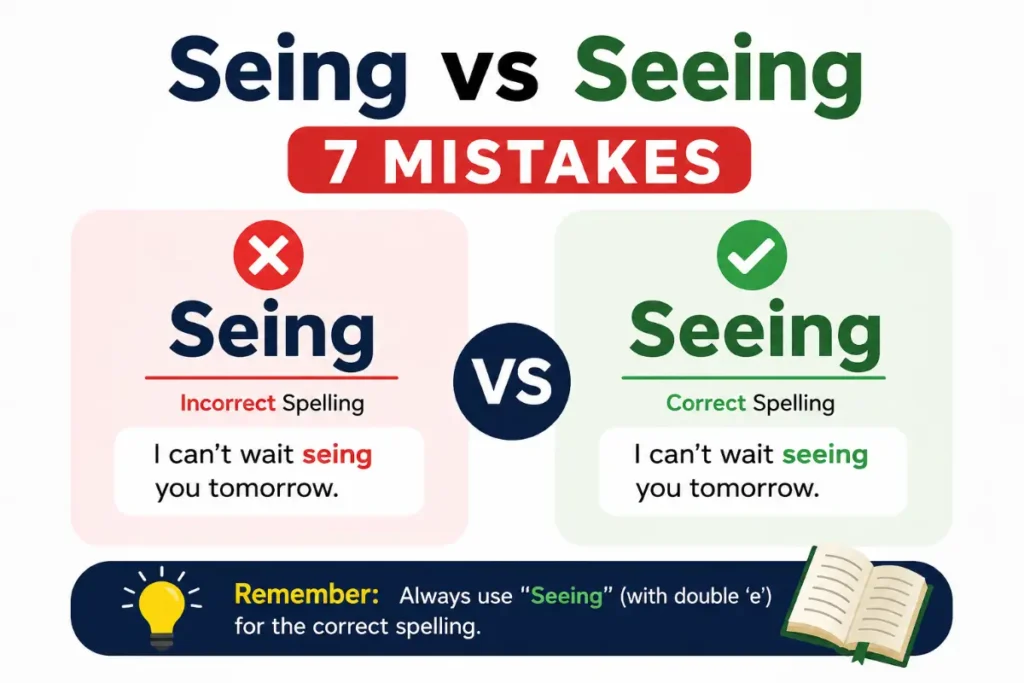 Seing vs Seeing minimalist grammar feature image highlighting 7 common spelling mistakes with the correct usage of "Seeing".
