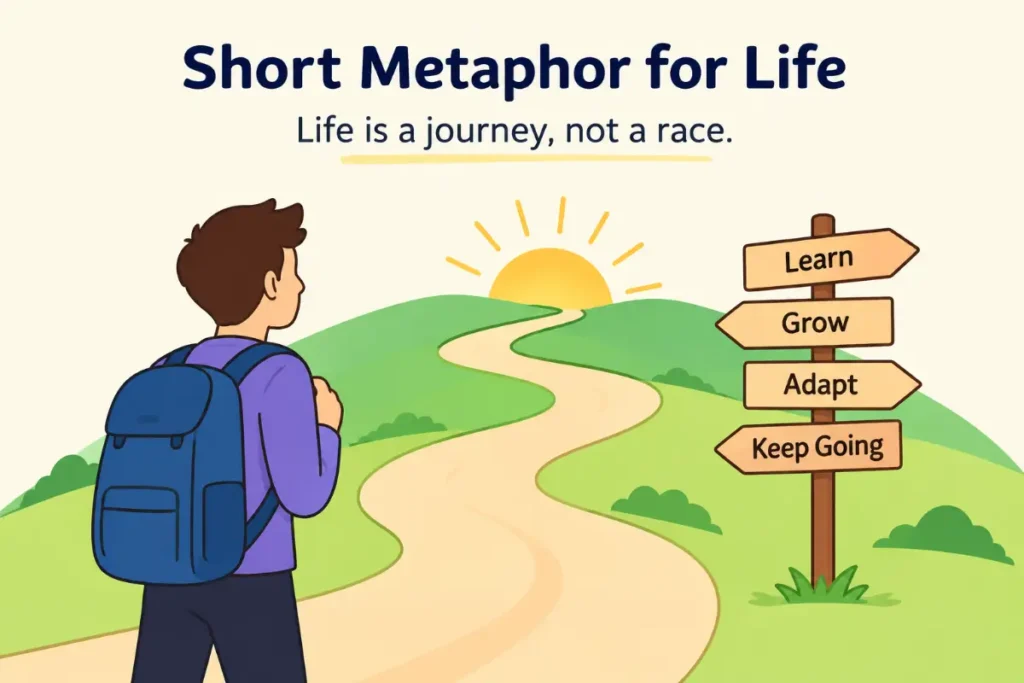 Short Metaphor for Life showing a winding journey through hills with signs for learning, growth, and progress.
