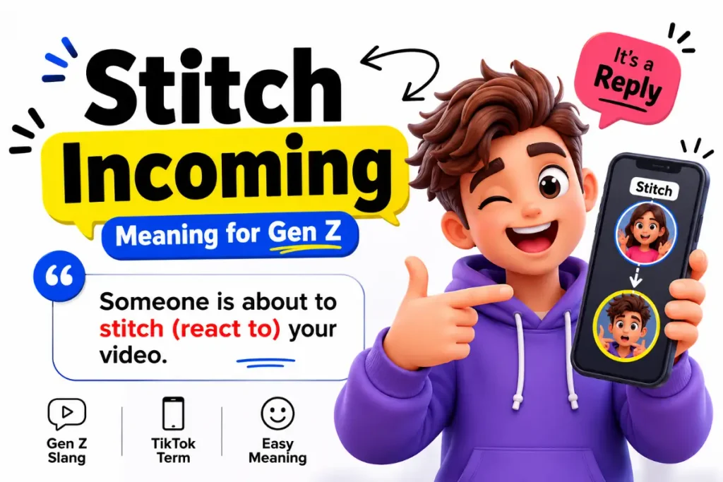 Stitch Incoming Meaning explained for Gen Z, with a simple visual showing a video stitch reaction.
