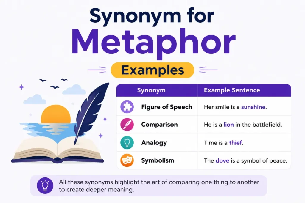 Synonym for Metaphor examples infographic with simple visual guide to related figurative language terms.