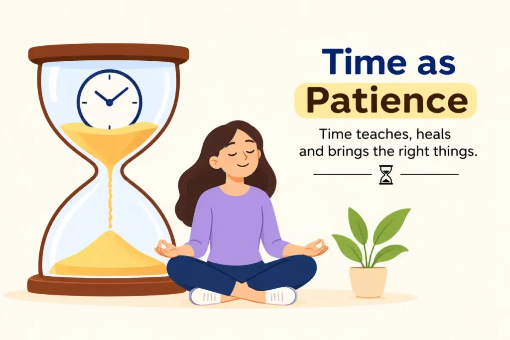 Metaphor for Time showing Time as Patience through an hourglass and peaceful waiting.