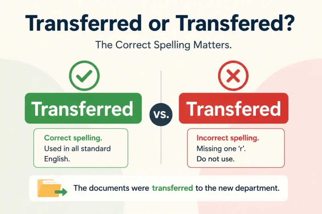Transferred or Transfered grammar comparison showing the correct spelling, incorrect spelling, and a simple example sentence.