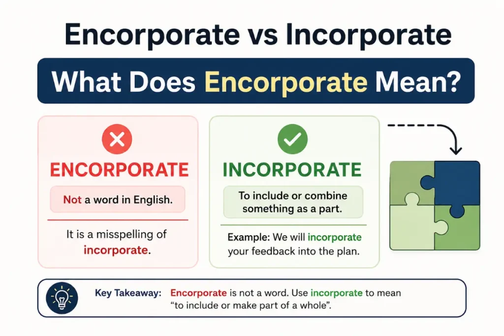 Encorporate vs Incorporate grammar guide explaining what does Encorporate mean and the correct spelling.