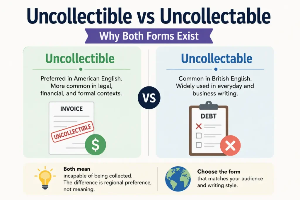 Uncollectible vs Uncollectable showing why both forms exist and how their usage differs.