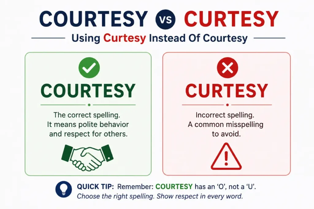 Courtesy vs Curtesy comparison showing Using Curtesy Instead Of Courtesy with correct and incorrect spelling examples.