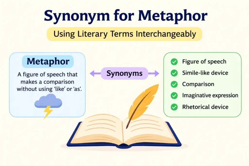 Synonym for Metaphor educational graphic explaining using literary terms interchangeably with clear minimalist design.