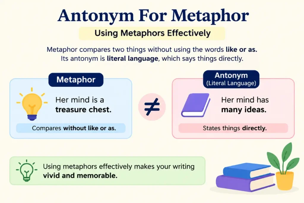 Antonym For Metaphor infographic explaining literal language and using metaphors effectively with simple grammar examples.