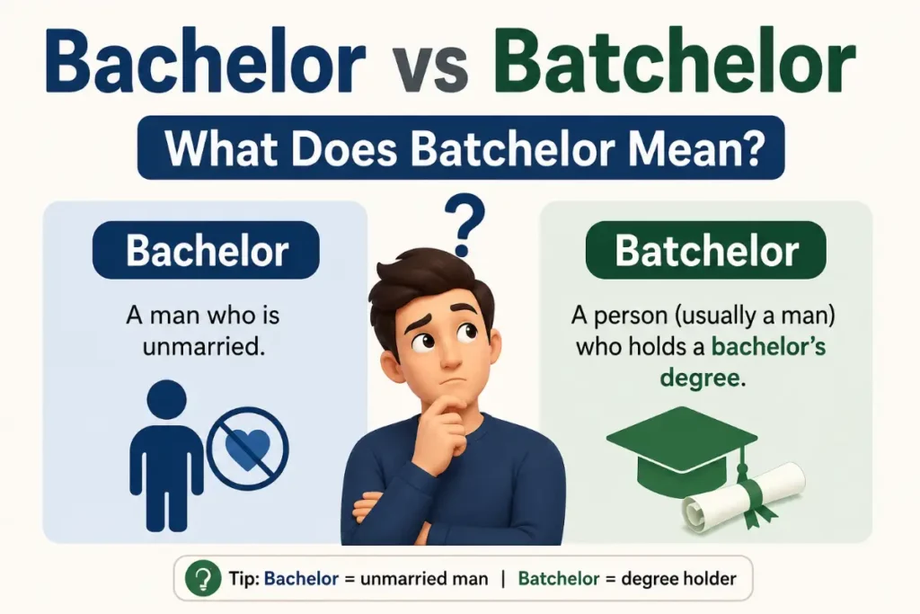 Bachelor vs Batchelor feature image explaining what Batchelor mean with a clean grammar comparison and simple icons.
