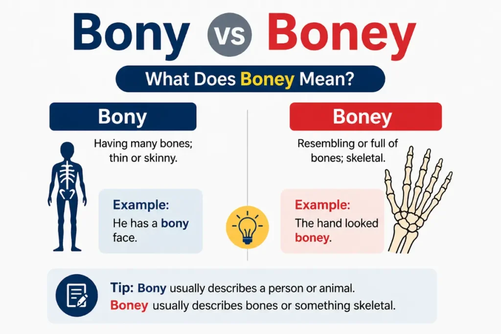 Bony vs Boney grammar guide explaining what does Boney mean with a clean side-by-side comparison and simple educational illustrations.