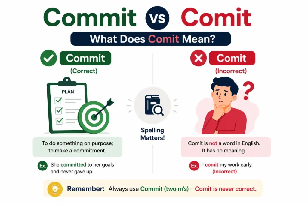 Commit vs Comit: clean grammar guide explaining what does Comit mean and why Commit is the correct spelling.