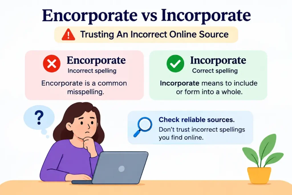 Encorporate vs Incorporate showing the correct spelling and why trusting an incorrect online source causes mistakes.