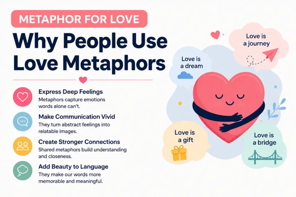Why People Use Love Metaphors – clean educational illustration explaining Metaphor For Love through simple visuals.