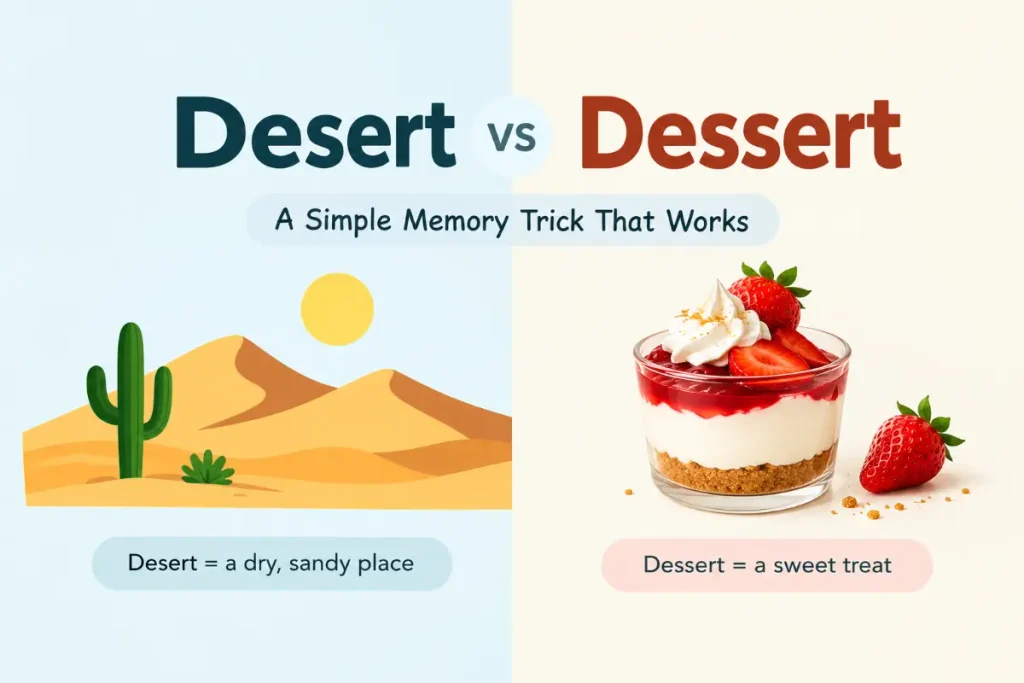 Desert vs Dessert: a simple memory trick that works for remembering the difference between the two words.