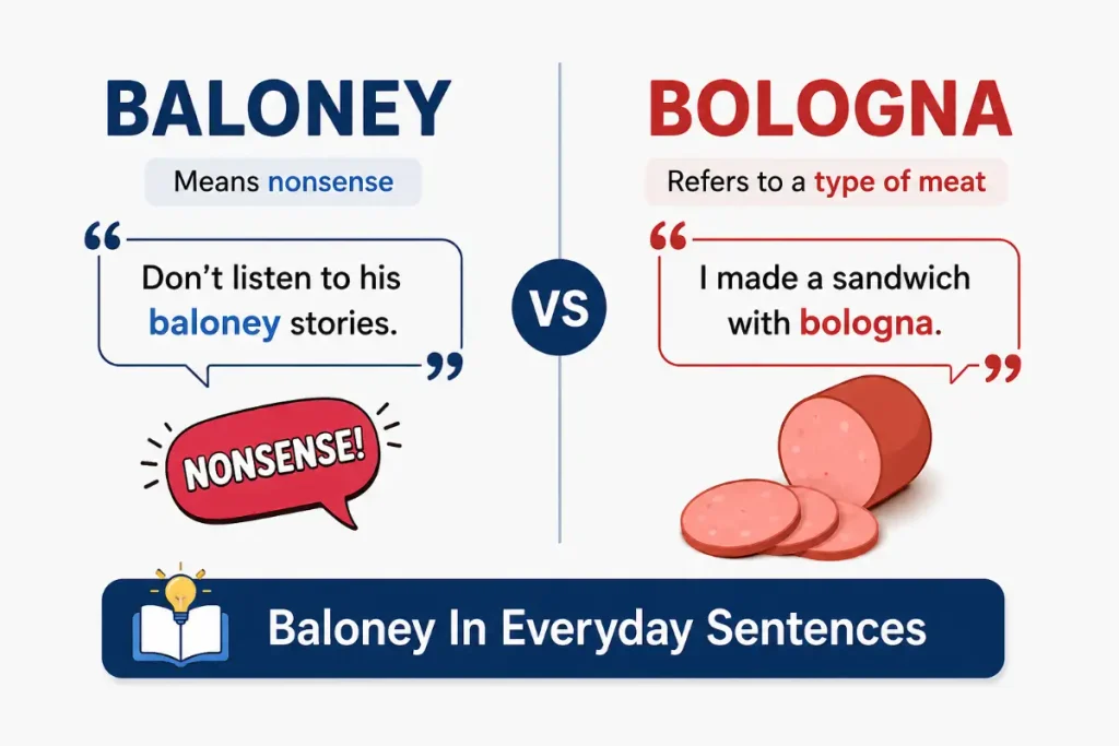 Baloney Vs Bologna: clear examples showing baloney in everyday sentences.