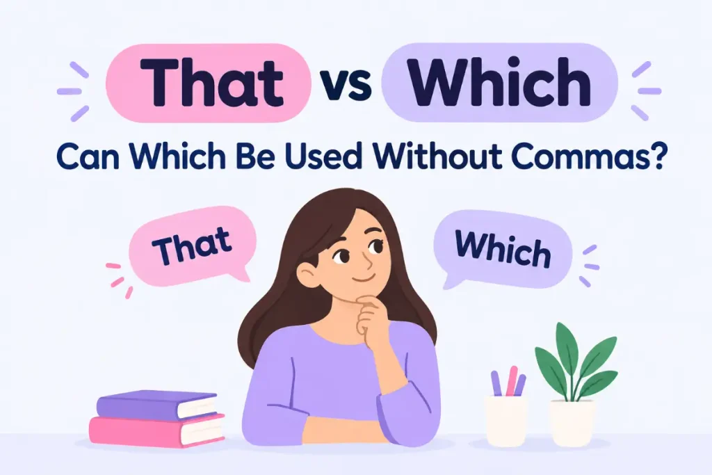 That vs Which grammar guide explaining when which can be used without commas.
