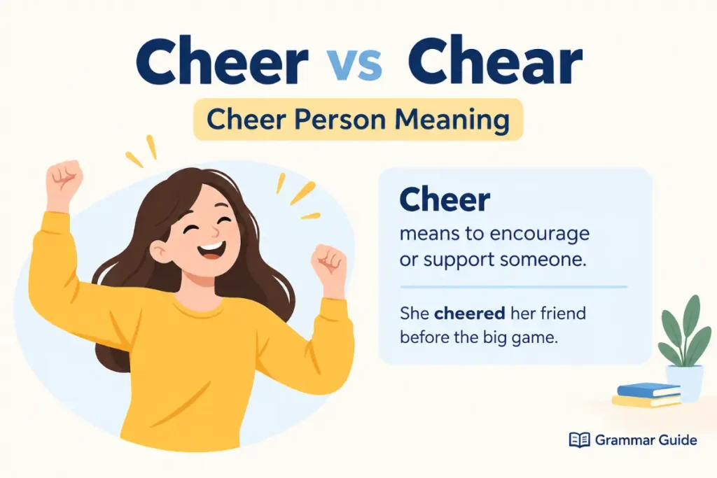 Cheer vs Chear explained with Cheer Person Meaning in a simple grammar guide.