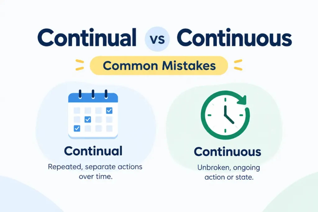 Continual vs Continuous explained with common mistakes in grammar and word usage.