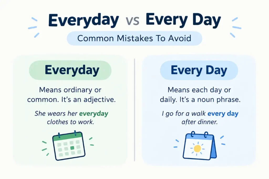 Everyday vs Every Day: Common mistakes and examples explaining the difference between everyday and every day.