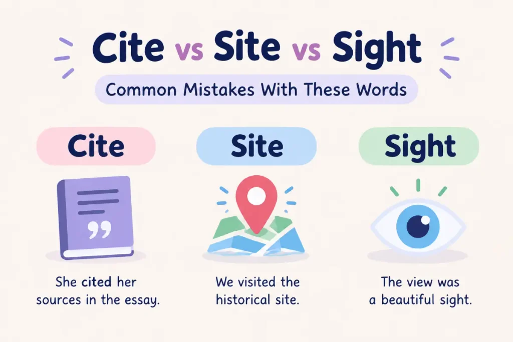 Cite vs Site vs Sight common mistakes explained with clear examples.