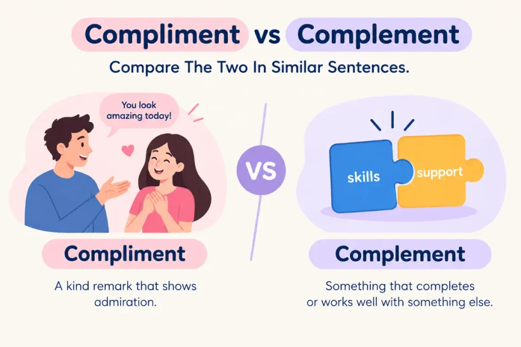 Compliment vs Complement explained with similar sentence examples.