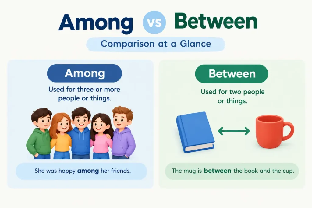 Among vs Between comparison at a glance for grammar learners.