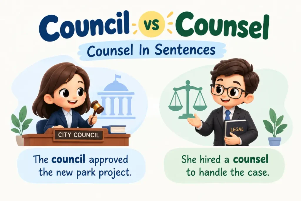 Council vs Counsel explained with Counsel In Sentences examples.
