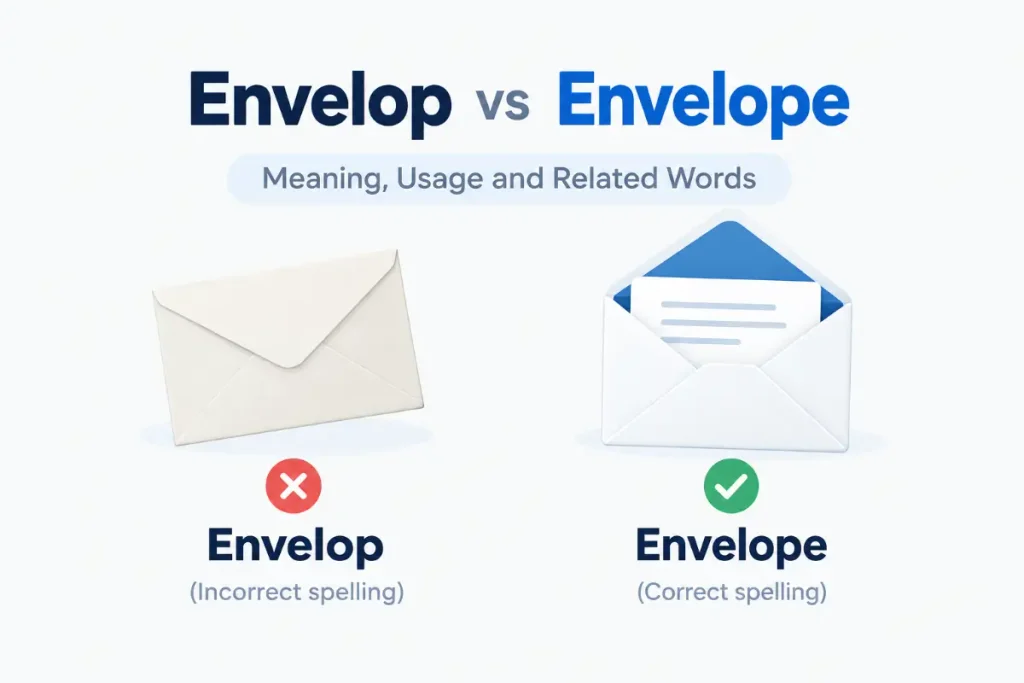Envelop vs envelope: correct spelling, meaning, usage, and related words.