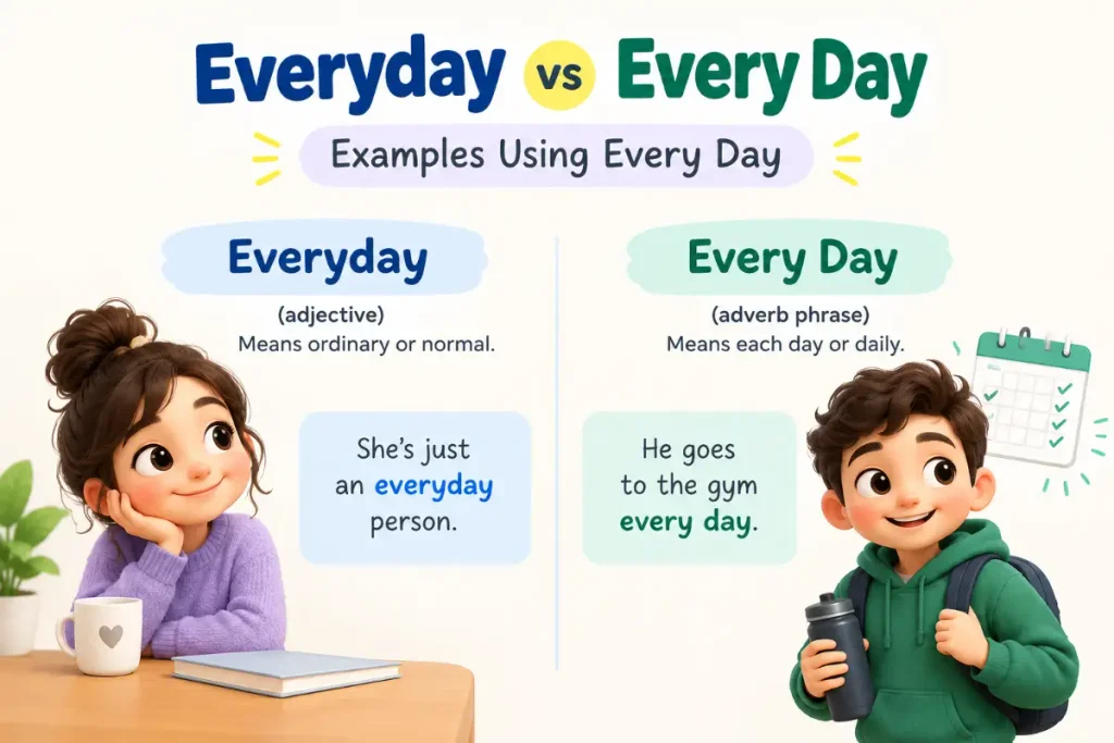 Everyday vs Every Day: examples showing correct grammar usage.