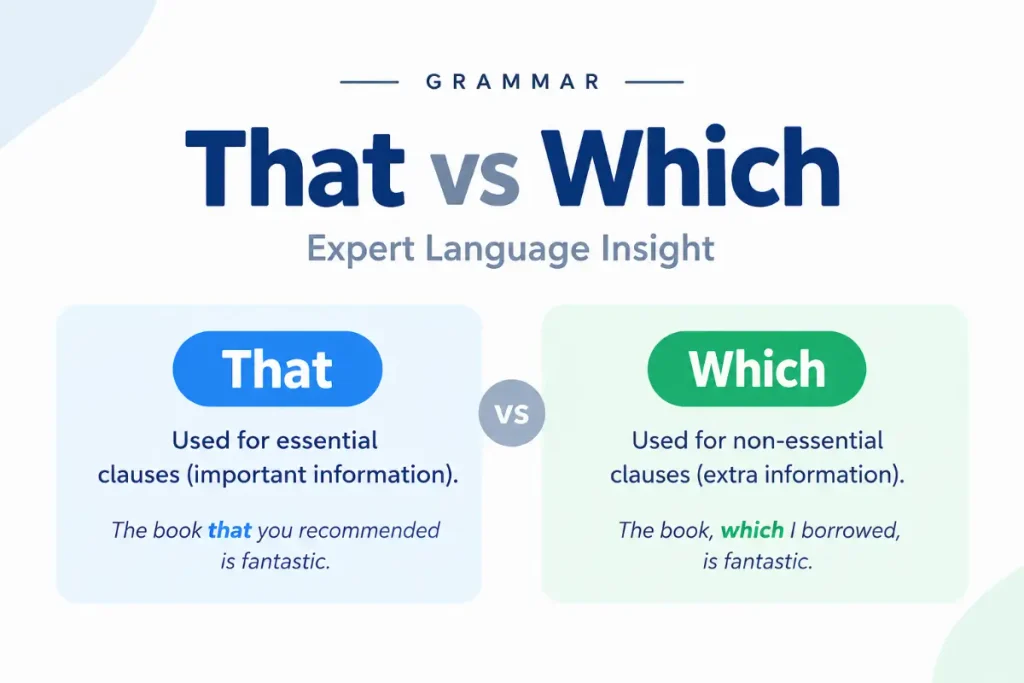 That vs Which grammar guide with expert language insight on essential and non-essential clauses.