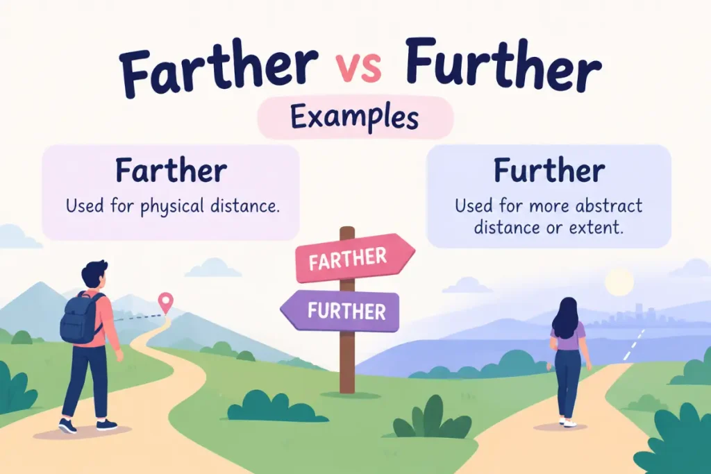 Farther vs Further examples showing physical and abstract distance.