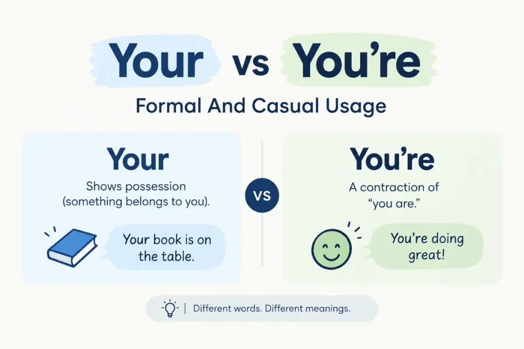 Your vs You're explained with formal and casual usage examples for clear grammar learning.