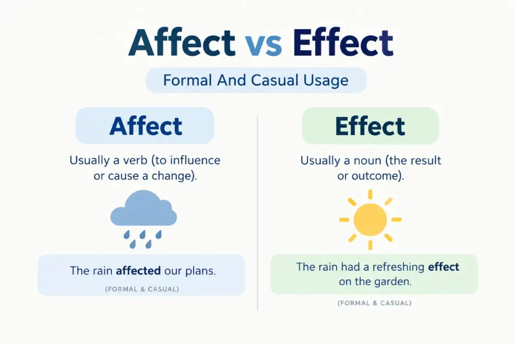 Affect vs Effect: formal and casual usage explained with clear grammar examples.