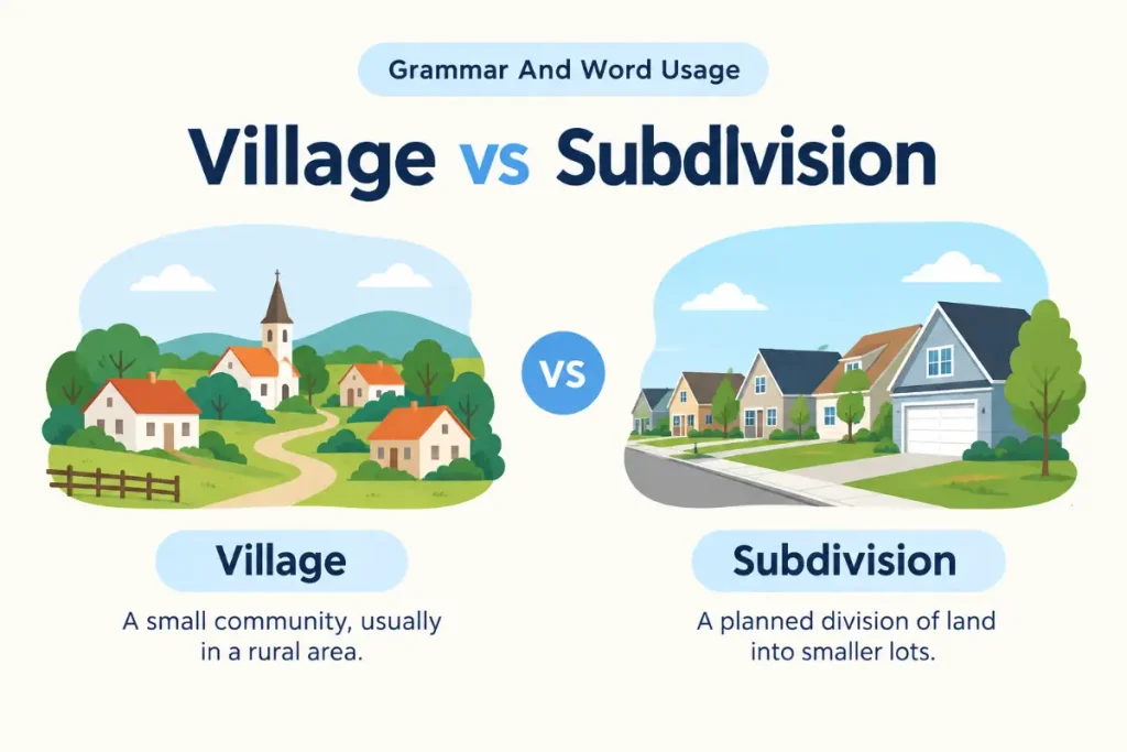 Village vs Subdivision: a clear visual comparison for grammar and word usage.