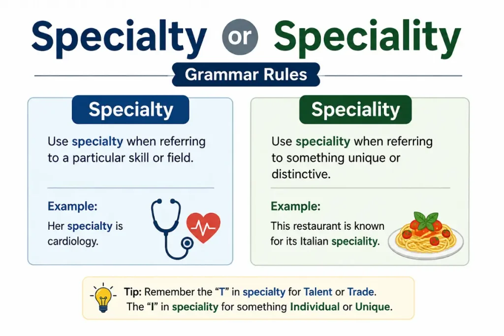 Specialty or Speciality explained with clear grammar rules and examples.